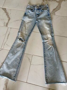 MOTHER Light Blue Distressed Flare Jeans